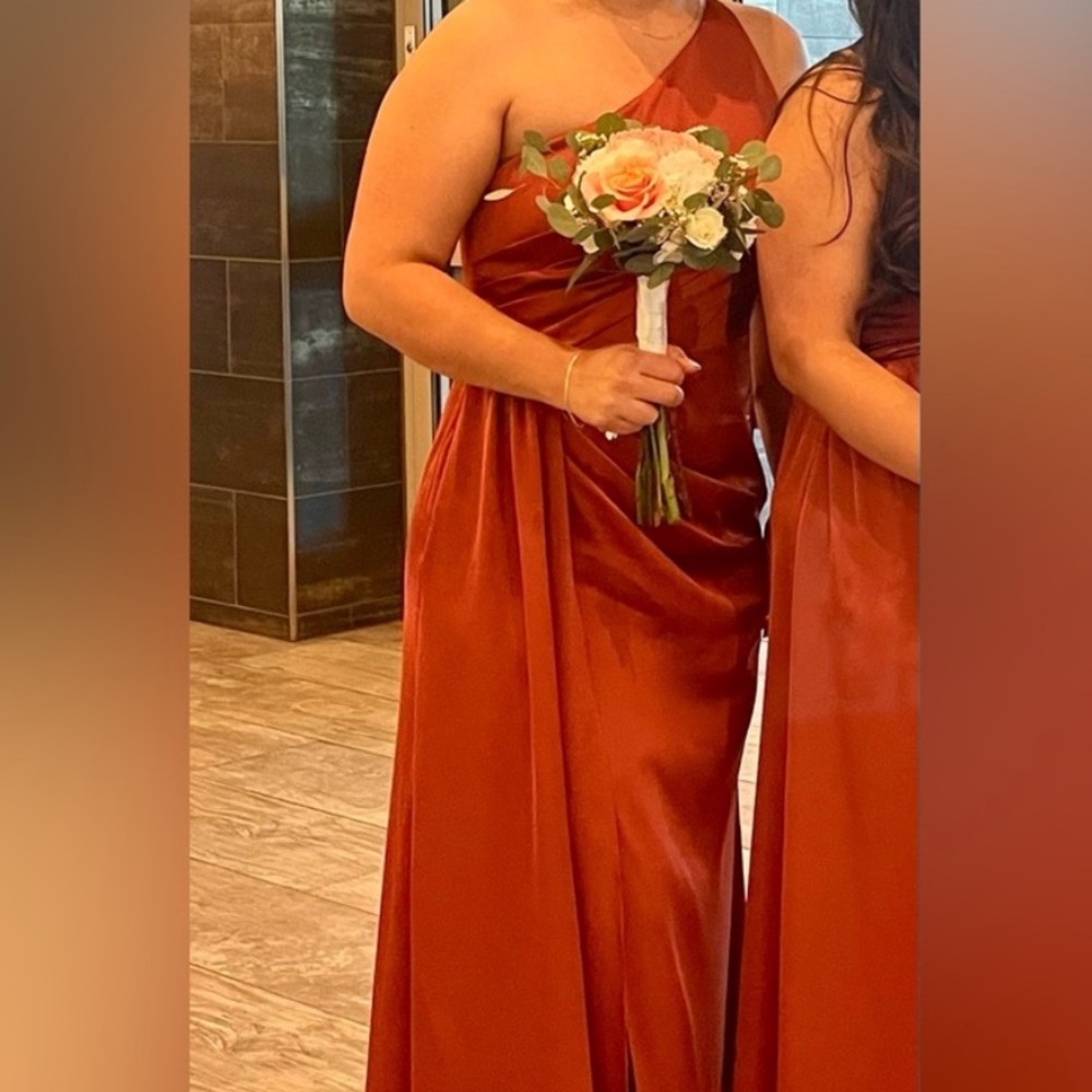 Azazie One-Shoulder Rust Evening Gown - Picture 6 of 7